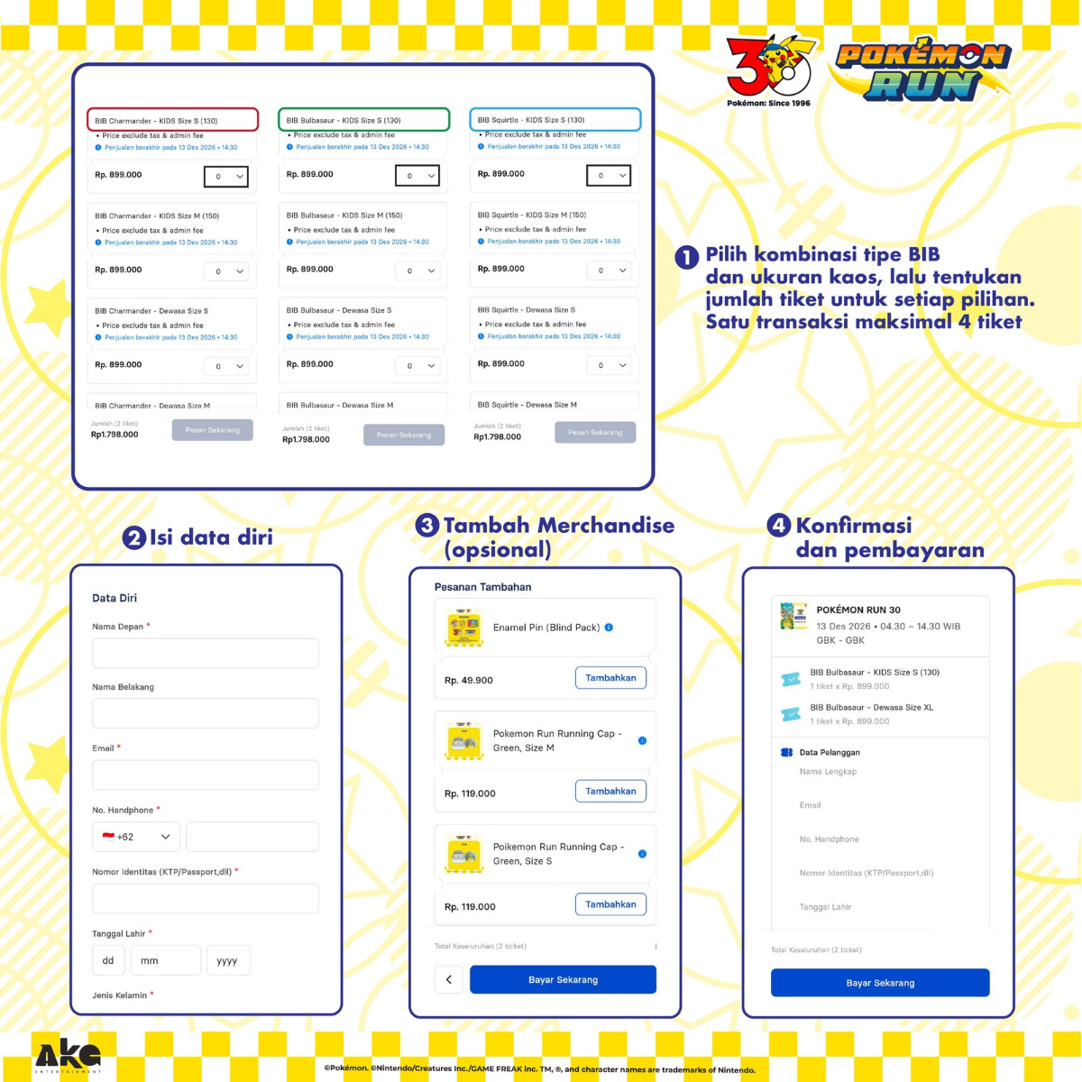 Panduan memilih tipe BIB, ukuran kaos, data peserta, merchandise tambahan, dan pembayaran Pok&eacute;mon RUN 30